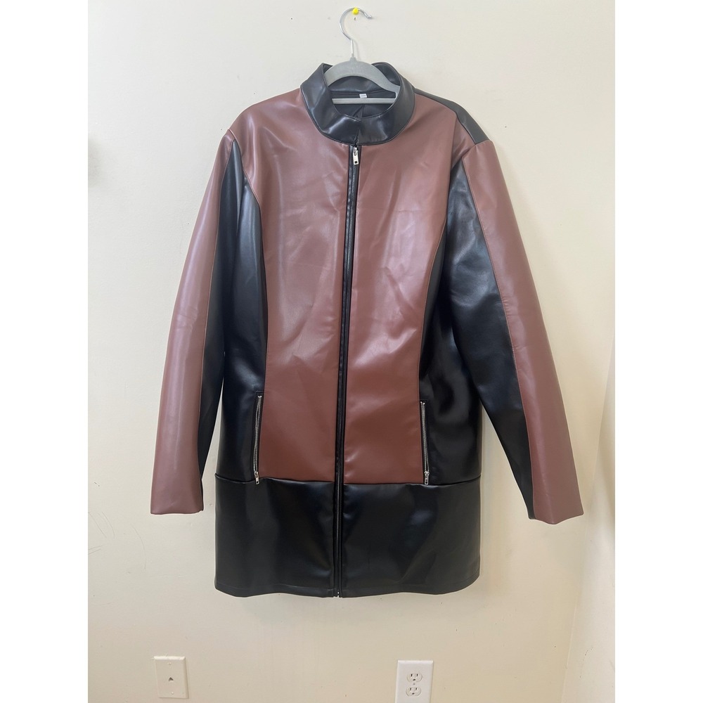 Plus Size Faux Leather Color Block Mid Length Zip Front Jacket 2XL - Picture 13 of 13